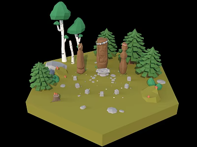 Cartoon Forest Scene Featuring Green Trees Wooden Totem Poles And Scattered Stones 3d model
