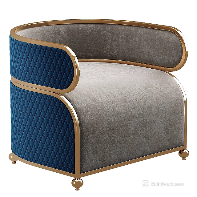 Single Sofa Featuring Blue Quilted Accent Gray Upholstery And Gold Frame With Wheels 3d model 