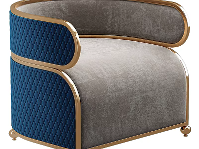 Single Sofa Featuring Blue Quilted Accent Gray Upholstery And Gold Frame With Wheels 3d model