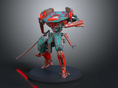 Detailed Red Green Mechanical Robot Figure With Samurai Sword Black Base And Glowing Red Accents 3d model