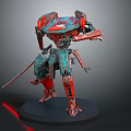 Detailed Red Green Mechanical Robot Figure With Samurai Sword Black Base And Glowing Red Accents