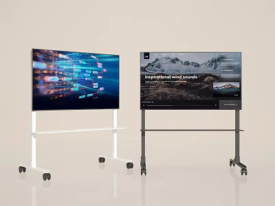 Modern TV Screens on Mobile Stands Featuring Tech Data Visualization and Mountain Image Integrations Panels 3d model