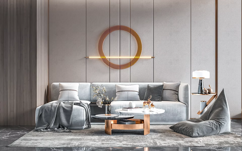 Elegant Modern Gray Sofa Coffee Table Set with Throw Pillows Ottoman and Circular Wall Decor 3d model