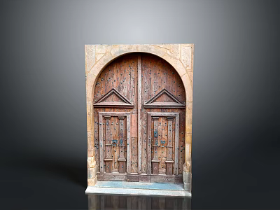 Antique Wooden Door With Arched Stone Frame And Intricate Carved Details 3d model