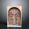 Antique Wooden Door With Arched Stone Frame And Intricate Carved Details