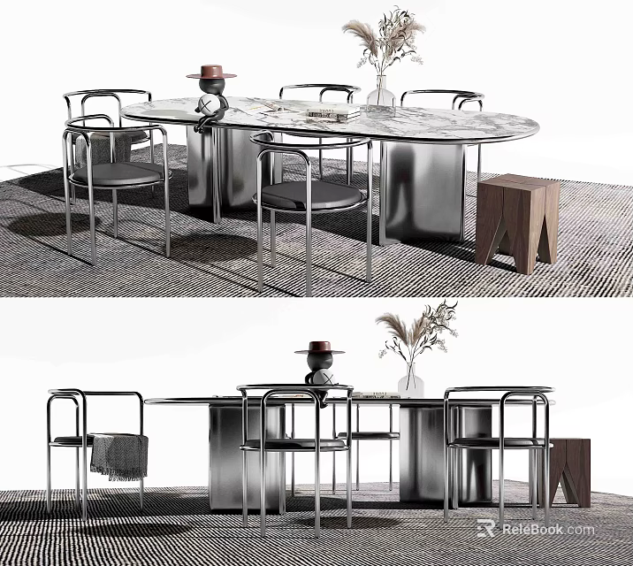 Modern Dining Table Set With Marble Top Metal Chairs Decorative Vase And Wooden Side Stool 3d model 