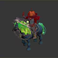 Game Character Pumpkin Head Knight Riding Blue Horse With Green Glowing Mane And Red Cape