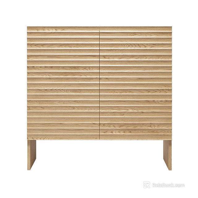 Sleek Wooden Two Door Shoe Cabinet With Vertical Slat Design And Legs 3d model 