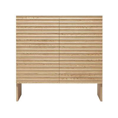 Sleek Wooden Two Door Shoe Cabinet With Vertical Slat Design And Legs 3d model