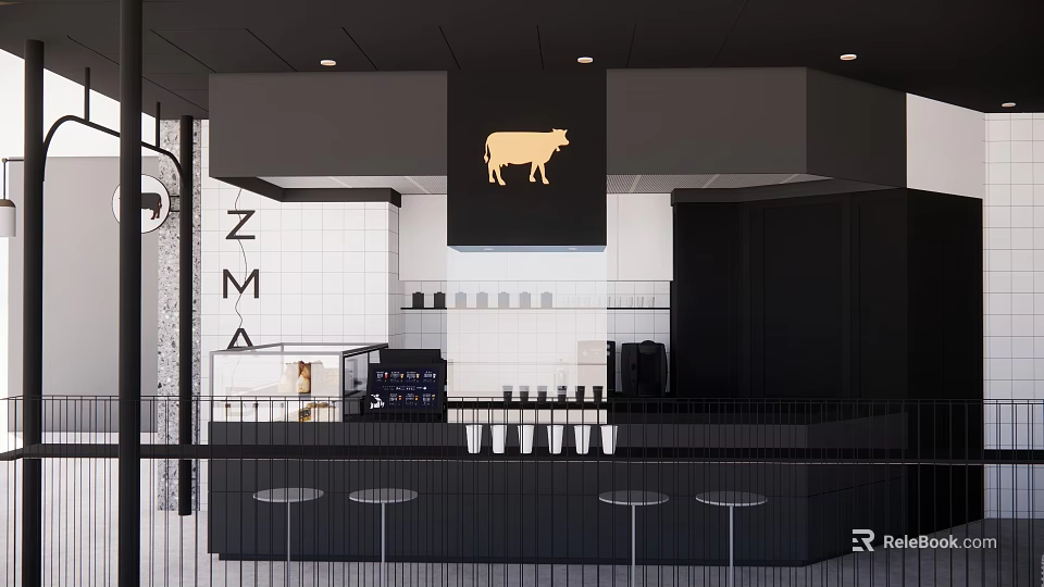 Modern Black White Storefront with Golden Cow Logo Bar Counter and Coffee Machine 3d model 