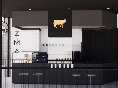 Modern Black White Storefront with Golden Cow Logo Bar Counter and Coffee Machine 3d model