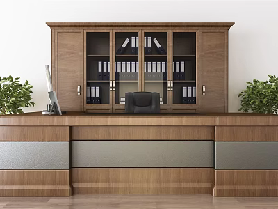 Wooden Office Desk With Bookcase Folders Books Green Plants And Office Supplies 3d model