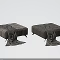 Two Modern Beige Upholstered Ottomans with Black Legs and Gray Blanket