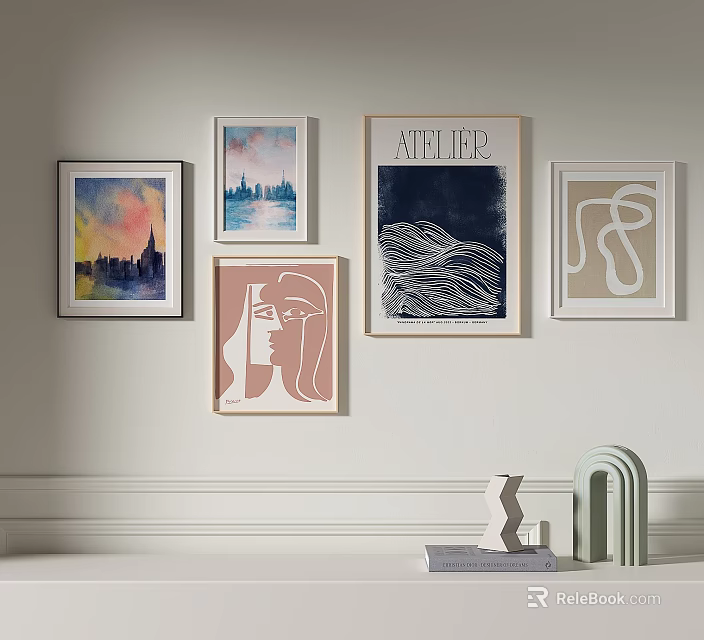 Various Art Prints On Wall With Modern Decorative Objects On Shelf 3d model