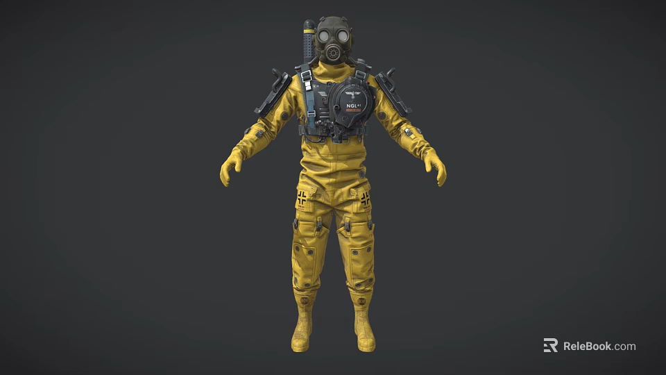 Game Movie Character In Yellow Protective Suit With Gas Mask And Harness Equipment 3d model 