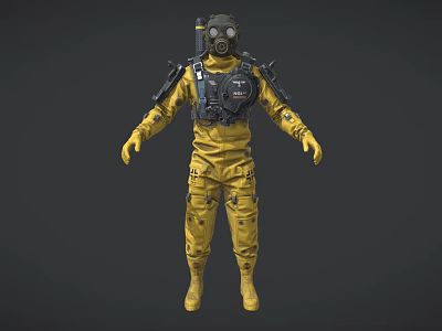 Game Movie Character In Yellow Protective Suit With Gas Mask And Harness Equipment 3d model