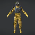 Game Movie Character In Yellow Protective Suit With Gas Mask And Harness Equipment