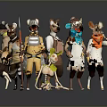 Group Of Anthropomorphic Animal Characters And Skeleton Creature In Colorful Costumes With Hats And Scarves