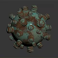 Spherical Weapon With Turquoise Copper Metallic Surface And Protruding Bolt Like Structures 3d model