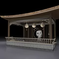 Traditional Courtyard Garden Pavilion with Wooden Structure Hanging Lanterns Traditional Roof and Stone Railing