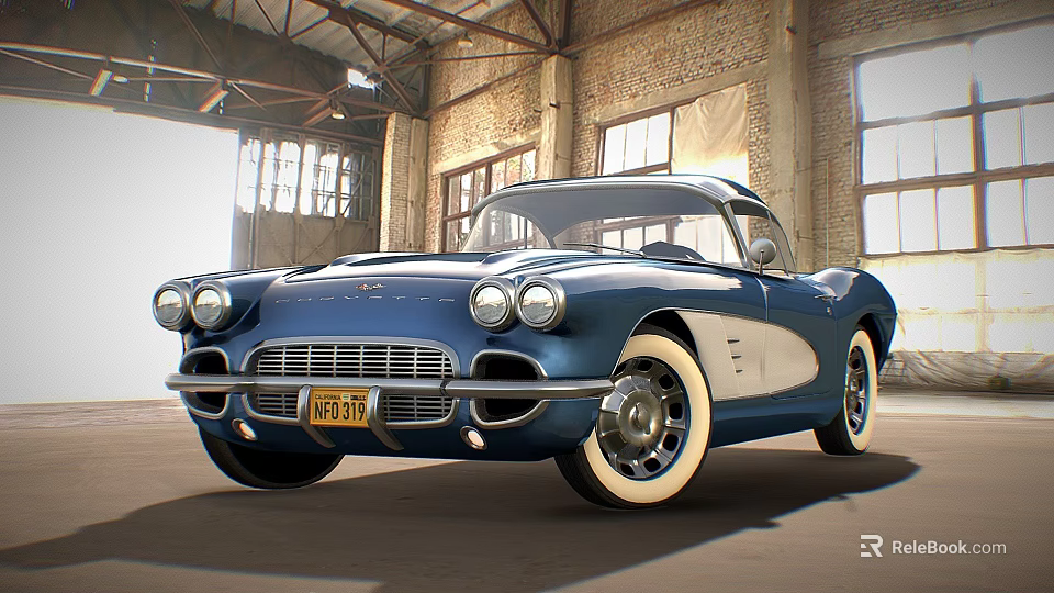 Blue Classic Corvette Sports Car in Industrial Warehouse with Large Windows 3d model 