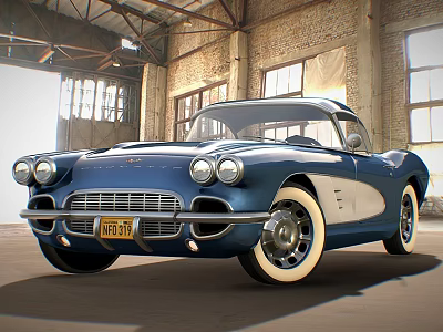 Blue Classic Corvette Sports Car in Industrial Warehouse with Large Windows 3d model
