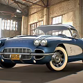 Blue Classic Corvette Sports Car in Industrial Warehouse with Large Windows