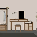 Modern Wooden Dressing Table With Rattan Details Mirror Stool And Green Plant