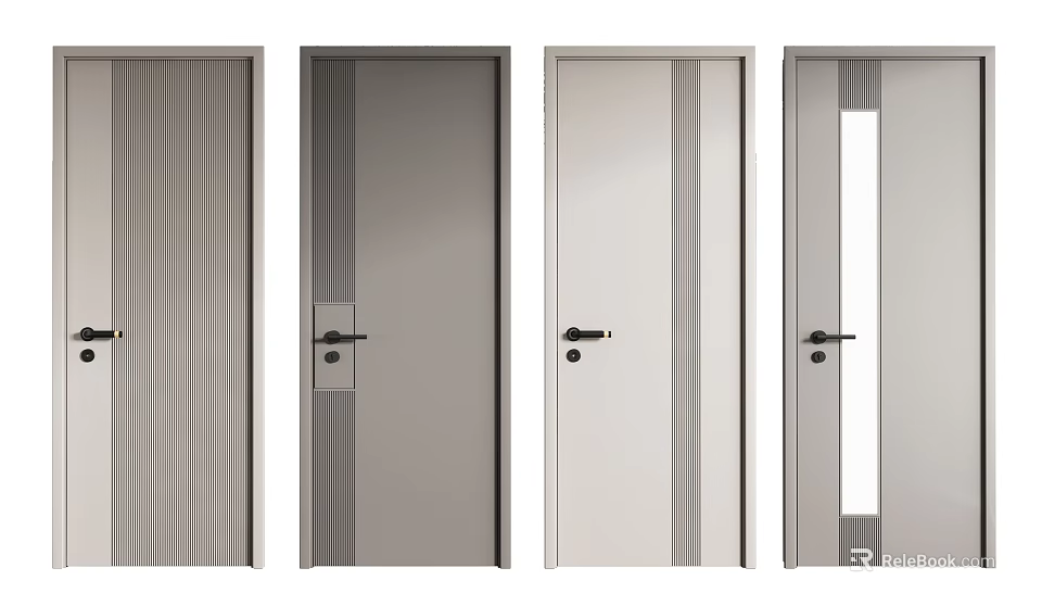 Modern Hinged Doors With Slab Panel Glass Insert And Striped Design Options 3d model