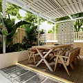Garden Landscape Featuring Glass Canopy Wooden Lattice Lush Plants White Paved Floor And Seating Area