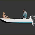 White Boat With Blue Accents Outboard Motor And Two Seated People