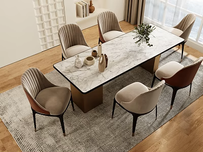 Modern Dining Table and Chairs Set with Marble Top Six Fabric Chairs in Living Room 3d model