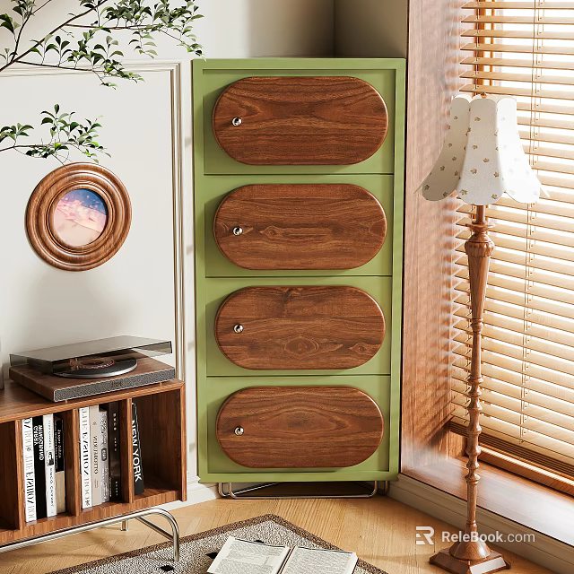 Green Chest of Drawers with Wooden Fronts Bookshelf Table Lamp Blinds and Decorative Plant 3d model 