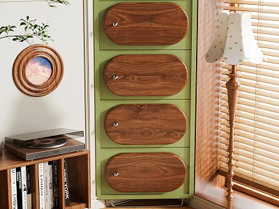 Green Chest of Drawers with Wooden Fronts Bookshelf Table Lamp Blinds and Decorative Plant 3d model