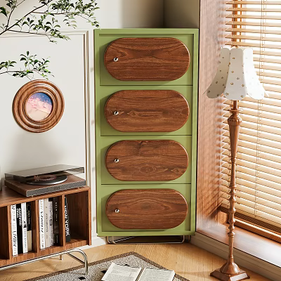 Green Chest of Drawers with Wooden Fronts Bookshelf Table Lamp Blinds and Decorative Plant 3d model