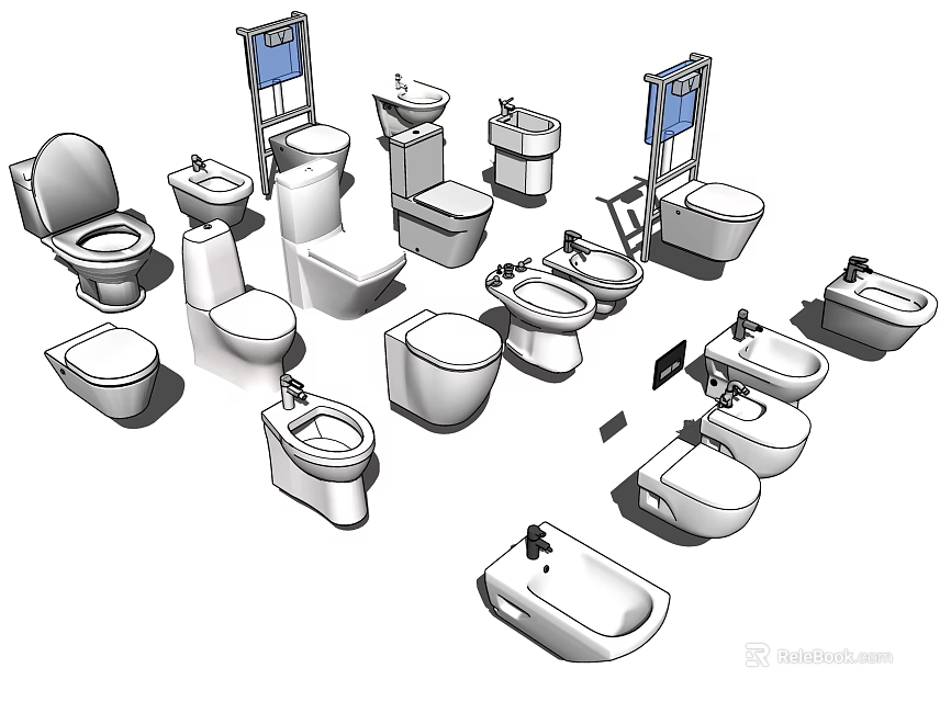 Various Modern Styles of Toilets with Diverse Designs and Bathroom Fixtures 3d model 