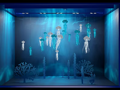 Underwater Themed Window Display With Hanging Jellyfish And Coral Decorations 3d model