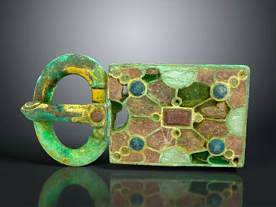 Ancient Bronze Buckle With Green Patina Inlaid Blue Red Gemstones And Geometric Patterns 3d model