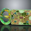 Ancient Bronze Buckle With Green Patina Inlaid Blue Red Gemstones And Geometric Patterns