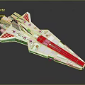 White and Red Cosmic Spaceship Model Featuring Sleek Design Yellow Circular Details and Futuristic Thrusters