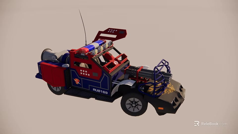 Red And Blue Toy Truck With Police Lights Antenna Rear Rack And Avengers Logo 3d model 