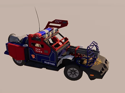 Red And Blue Toy Truck With Police Lights Antenna Rear Rack And Avengers Logo 3d model