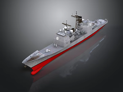 Military Naval Warship With Gray Hull Red Bottom And Radar Antennas 3d model