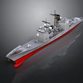 Military Naval Warship With Gray Hull Red Bottom And Radar Antennas