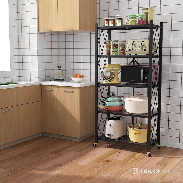 Multi tiered Kitchen Storage Rack With Various Cooking Utensils Pots And Appliances 3d model 