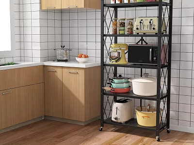 Multi tiered Kitchen Storage Rack With Various Cooking Utensils Pots And Appliances 3d model