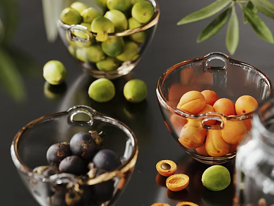 Transparent Glass Bowls Holding Various Fresh Fruits Green Orange Deep Purple Scattered With Olive Branches 3d model