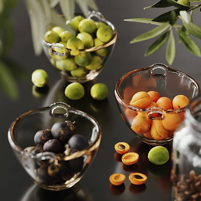 Transparent Glass Bowls Holding Various Fresh Fruits Green Orange Deep Purple Scattered With Olive Branches 3d model