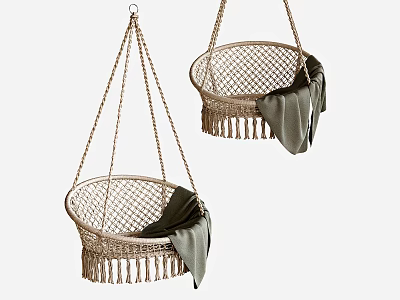 Natural Wicker Hanging Chair With Tassel Trim And Soft Green Blanket Accent 3d model