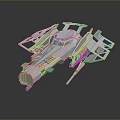 Futuristic Sci Fi Spaceship With Metallic Structure Sleek Design Multiple Wings And Blue Cockpit Accents